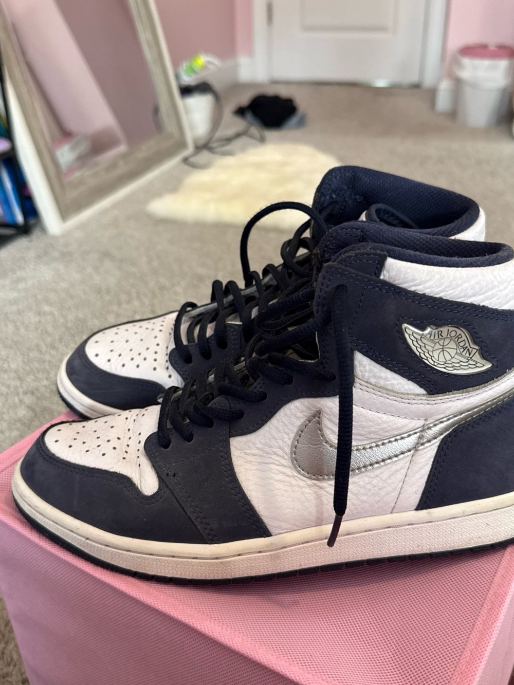 Jordan High-Top Sneakers in Navy, White & Silver